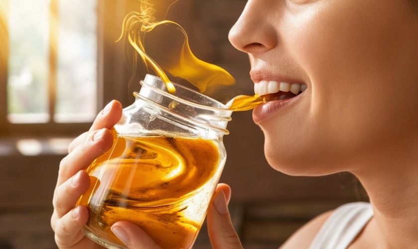 Woman holding a honey jar and smiling
